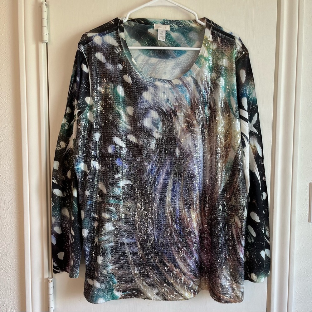 Chico's Women’s Size 3 XL Blouse Sequins Eclectic Dark Multicolor‎ Long Sleeve